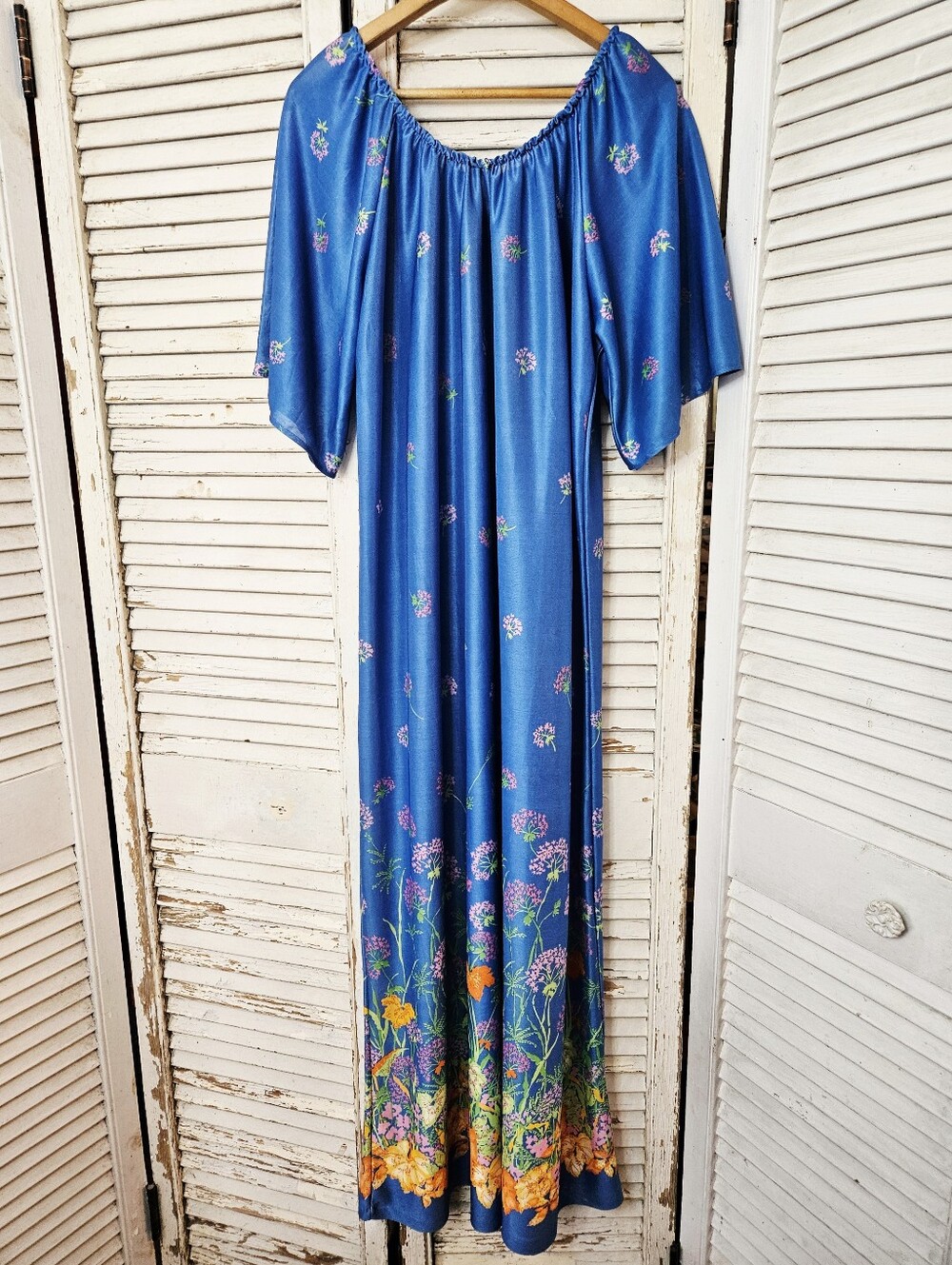 Vintage 70s Bohemian Muumuu Maxi Blue And Orange Floral Print Dress Medium